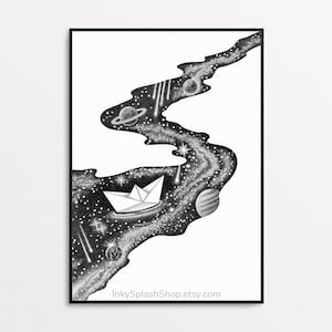 Space print Surreal art printable Paper boat Stars river drawing Celestial bedroom wall decor Modern home poster Childs room art Ink dotwork