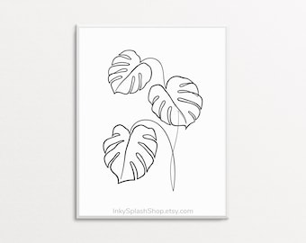 Minimalist Monstera Plant One Line Drawing - Black & White Leaves Print, Download