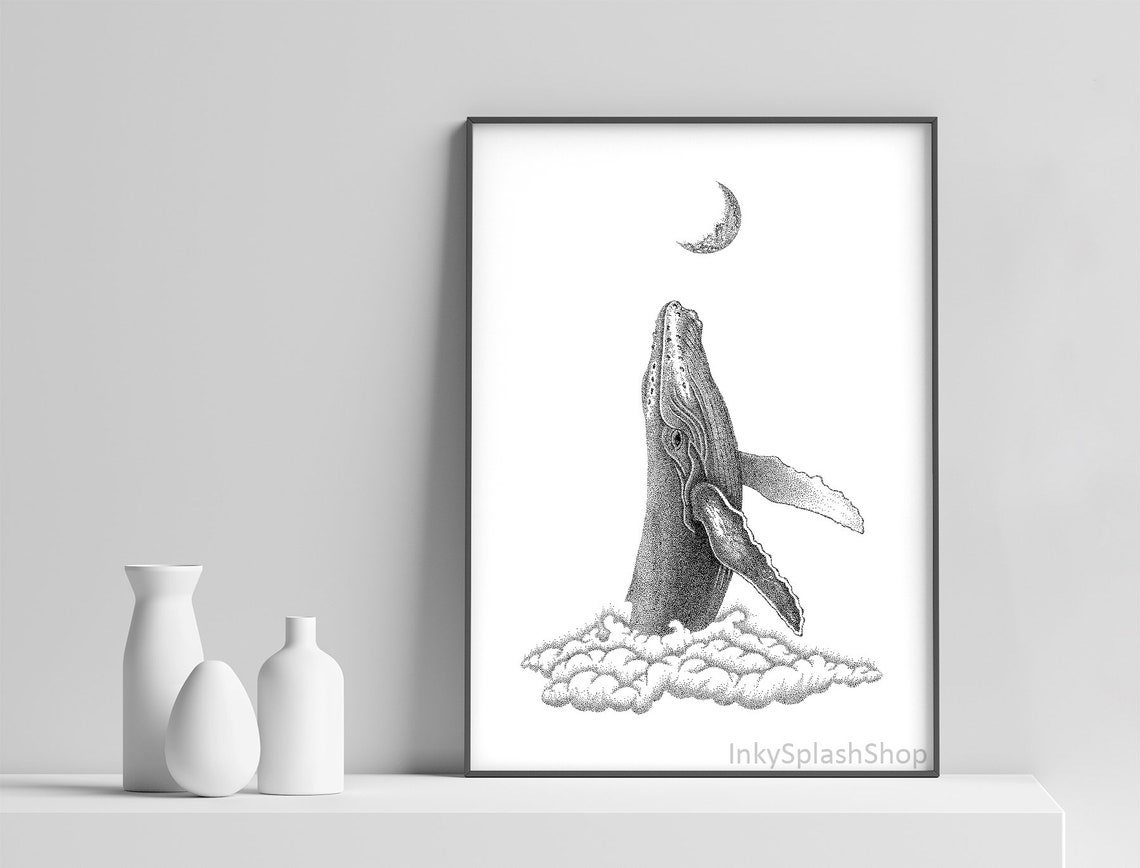 Whale and Moon Drawing Printable Humpback Whale Breaching - Etsy