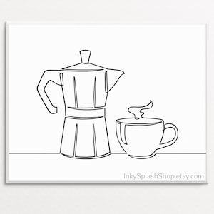 Coffee line art printable Moka pot and cup continuous line drawing Espresso maker poster Minimalist kitchen print Home wall decor Download