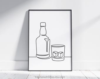 Whiskey Glass & Bottle One Line Art – Modern Home Bar Print, Download