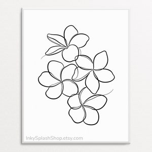 Plumeria dessin au trait fleurs de frangipanier minimalistes impression décoration florale noir et blanc art mural imprimable délicat affiche nature simple
