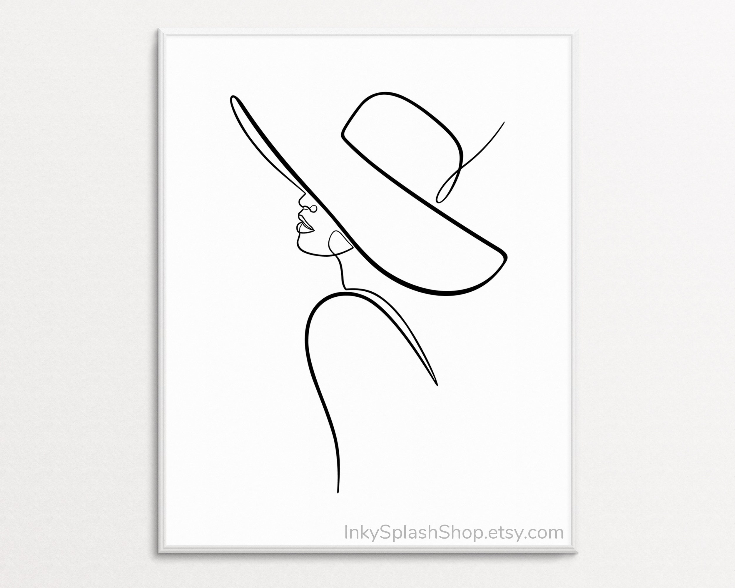 Woman Face One Line Drawing Elegant Female Figure in Hat Printable