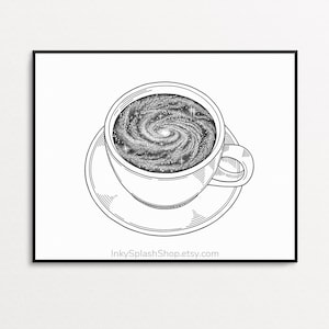 Surreal space coffee art. Whimsical galaxy cup illustration. Celestial black white dotwork drawing Download