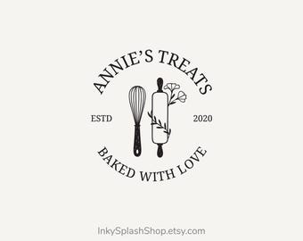 Rolling pin & whisk emblem logo. Personalized floral logo for baking business. Homemade desserts branding