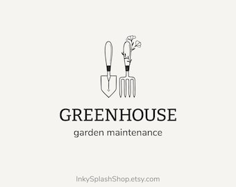 Gardening tools & flowers logo. Personalized design for florist shop, plant nursery, farming business