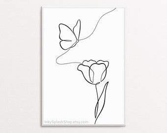 Butterfly and flower line art Minimalist wall art printable Elegant home decor Abstract nature print Simple continuous line drawing Download