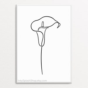 Dibujo de línea de flor de lirio de cala Arte de pared floral abstracto imprimible Impresión botánica minimalista Póster de naturaleza simplista Decoración delicada para el hogar