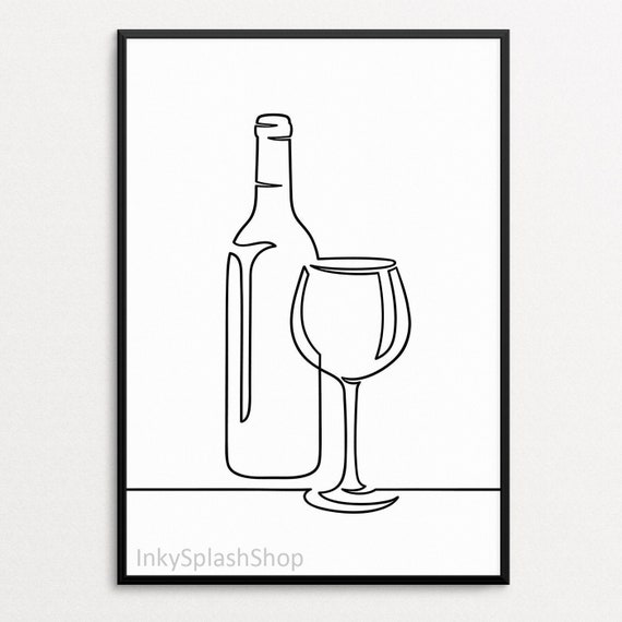 Wine Glass And Bottle Line Art Printable Kitchen Wall Decor - Etsy