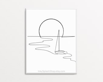 Sailing Boat and Sun Minimalist Print – Sunset Seascape Continuous Line Drawing, Download