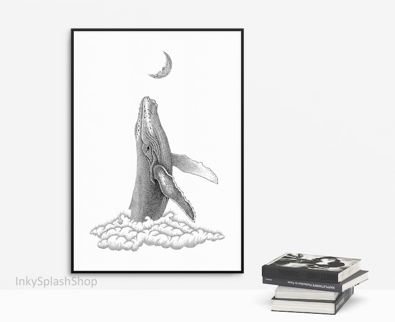 Whale and Moon Drawing Printable Humpback Whale Breaching - Etsy