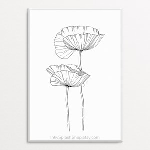 Poppies art print Two Poppy flowers ink drawing printable Minimalist Floral line art Home wall decor Black white botanical artwork Download