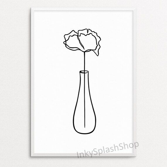 Floral Line Art Print Flower In Vase Simple Drawing Abstract Wildflower Minimalist Poster Modern Artwork Scandinavian Home Room Wall Decor
