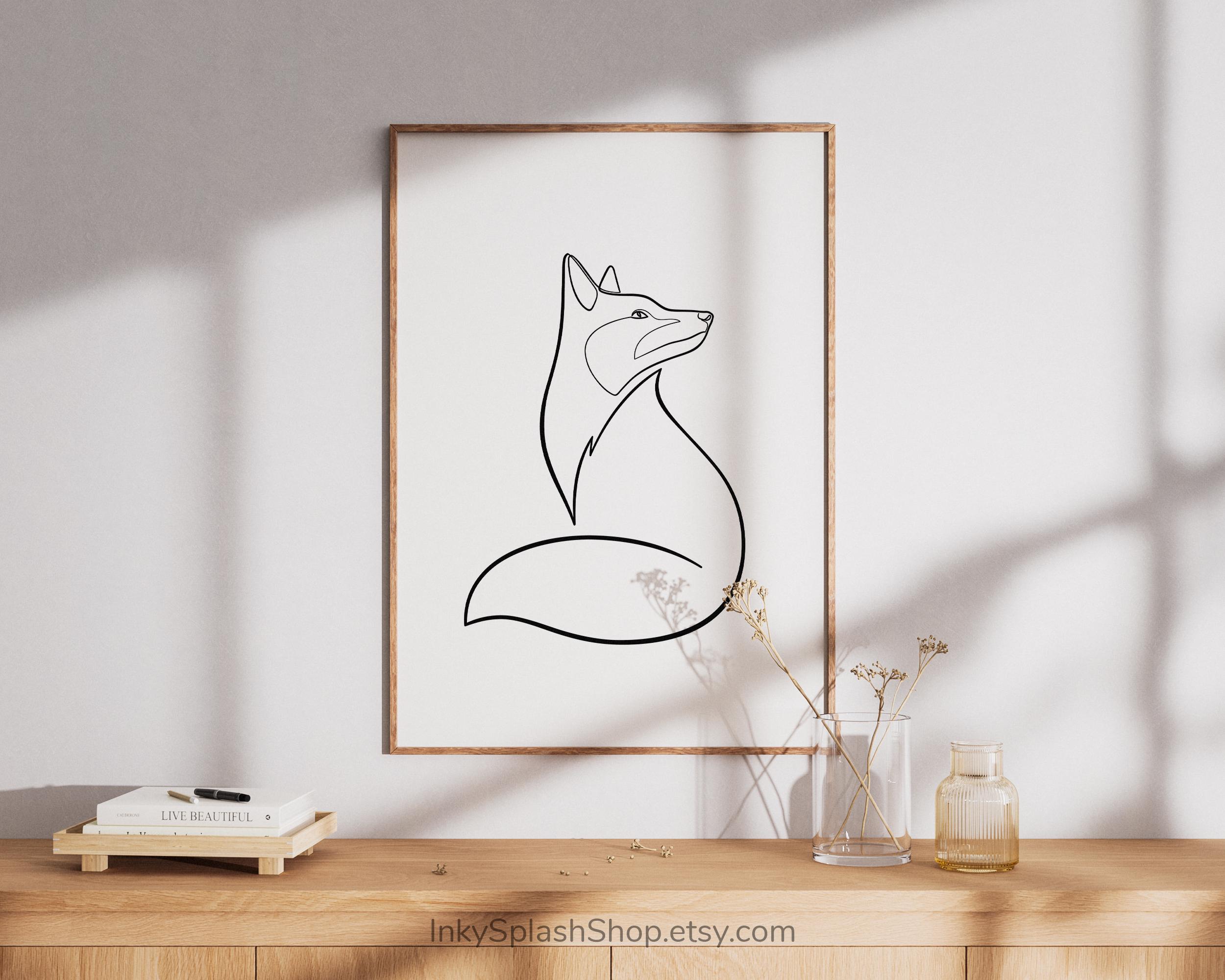 キツネの線画プリント – ミニマルな白黒動物ウォールアート