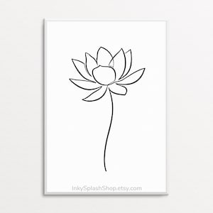 Dibujo lineal de flor de loto, delicado arte de pared imprimible, estampado floral abstracto en blanco y negro, póster de naturaleza simplista, decoración minimalista de spa para baño.