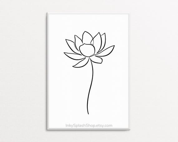 蓮の花の線画 繊細な印刷可能な壁アート 黒と白の抽象的な花柄