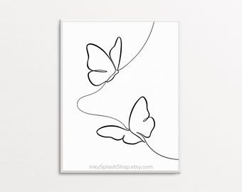 Minimalist Butterfly Print – Simple Nature Line Drawing with Two Flying Butterflies, Download