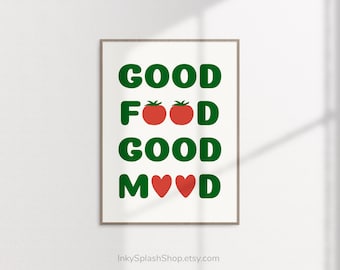 Good food Good mood print. Red & green kitchen wall art. Funky foodie poster Download
