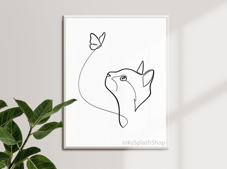 Cat and Butterfly Wall Art Printable Cute Kitten Line Drawing Etsy