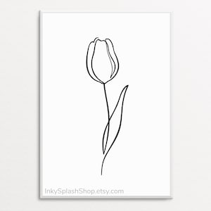 Tulpenblume Minimalistischer Druck Florale Wandkunst druckbare Kontinuierliche Linie Zeichnung Schwarzweiß Abstraktes botanisches Poster Zartes Wohndekor