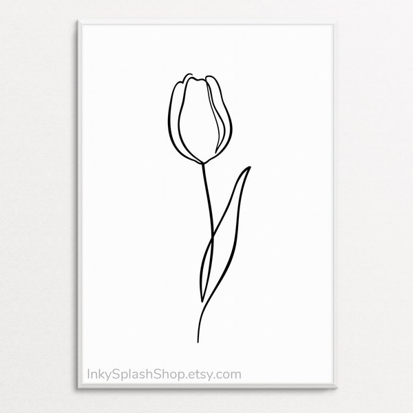Tulip flower Minimalist print Floral wall art printable Continuous line drawing Black & white Abstract botanical poster Delicate home decor