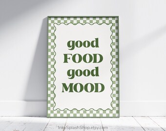 Good food Good mood printable wall art. Sage green kitchen print. Groovy retro decor