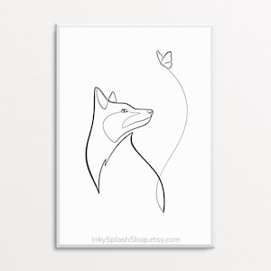 Lámina artística de zorro y mariposa – Dibujo minimalista de fauna salvaje en blanco y negro (descargable)