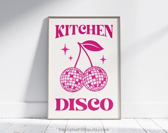 Kitchen Disco Typography Print - Pink Disco Ball Cherry Wall Art Printable