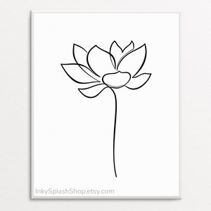 Flor de loto una línea de arte imprimible Estampado floral minimalista Dibujo botánico en blanco y negro Cartel interior escandinavo Decoración de estudio de yoga