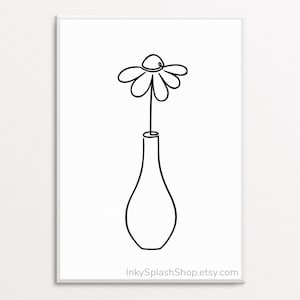 Daisy una línea de arte imprimible Flor en jarrón dibujo simple Estampado floral minimalista Decoración de la pared del hogar escandinavo Cartel botánico abstracto