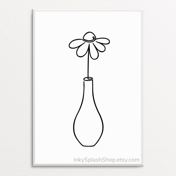 Daisy one line art printable Flower in vase simple drawing Minimalist floral print Scandinavian home wall decor Abstract Botanical poster