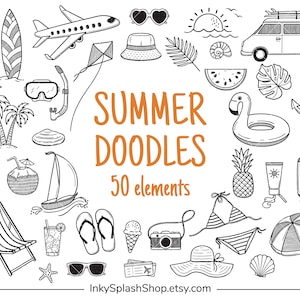 Imágenes prediseñadas de verano Playa tropical Resto garabatos Vacaciones Viajes iconos vectoriales Ilustraciones de deportes marinos en blanco y negro Frutas y cócteles dibujados a mano