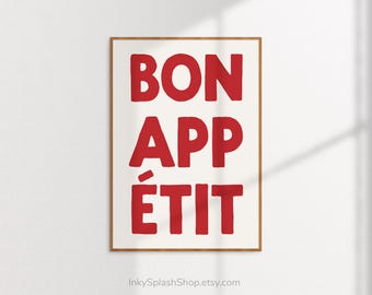 Bon Appetit poster. Trendy kitchen decor. Red typography print. Bold French quote wall art printable