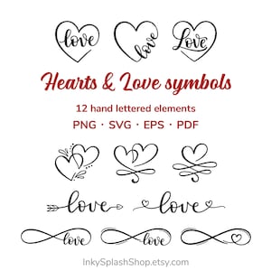 May include: A collection of black and white heart and love symbols. The image includes various heart designs with the word "love" incorporated, along with the text "Hearts & Love symbols" and "12 hand lettered elements".