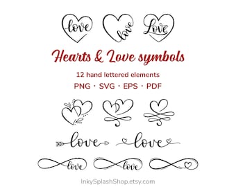 Love hand lettering bundle. Heart shape clip art. Love Infinity symbol. Valentines day, wedding design elements. SVG, PNG, EPS files