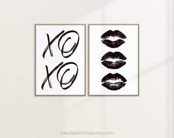 Trendy lips kiss wall art set of 2. Lipstick Xoxo typography print. Preppy dorm decor. Black & white effortlessly chic posters Download