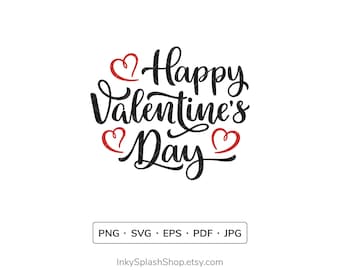 Happy Valentines Day SVG graphics. Valentine greeting decorative text. Romantic love script typography. Hearts clip art. PNG, EPS, pdf files