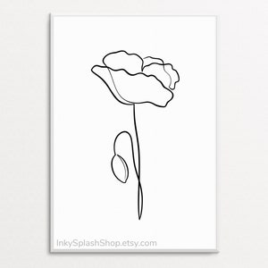 Amapola dibujo de una línea imprimible Impresión simple de flores en blanco y negro Arte de línea continua botánica minimalista Decoración de pared de naturaleza abstracta
