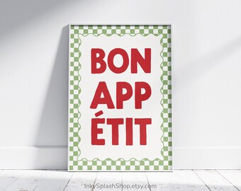 Bon Appetit print download. Maximalist kitchen wall art. French quote Red & green typography poster