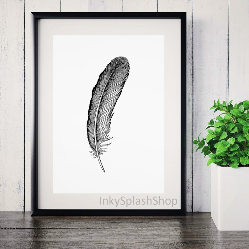 Feather PRINTABLE Art Boho Bedroom Wall Decor Black Bird Feather Ink ...