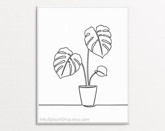 Monstera line art printable House plant in pot minimalist drawing Simple Black and white home wall decor Tropical leaves botanical poster