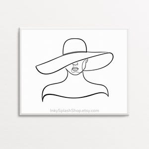 Dibujo de una línea de mujer con sombrero, rostro femenino abstracto, arte de pared imprimible, impresión de moda elegante, arte minimalista para el hogar, decoración de dormitorio femenino