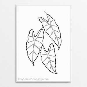 Alocasia lascia una linea artistica Disegno di pianta tropicale Arte da parete minimalista stampabile Stampa botanica Poster di piante domestiche Arredamento della camera in bianco e nero