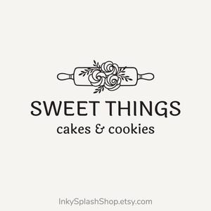 Gotowe logo do pieczenia Spersonalizowane logo w kształcie wałka do ciasta z motywem kwiatowym dla piekarni, cukierni, cukierni lub zakładu produkującego ciasta Domowe smakołyki Logo cukierni w stylu boho