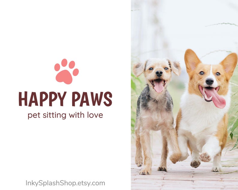 K&ouml;nnte beinhalten: Ein rosa Pfotenabdruck-Logo mit dem Text "HAPPY PAWS pet sitting with love" und der Website "InkySplashShop.etsy.com". Zwei Hunde, ein brauner und wei&szlig;er Corgi und ein brauner und grauer Terrier, rennen mit herausgestreckten Zungen auf die Kamera zu.