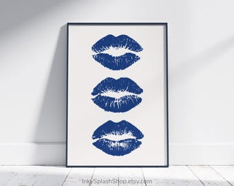 Navy blue Kiss lips trendy wall art printable. Lipstick kisses Preppy dorm decor. Coquette Girly aesthetic art. Retro funky poster