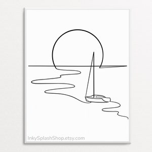 Sailing boat and sun minimalist print Simplistic seascape with yacht continuous line drawing Sea Sunset Coastal interior wall art printable