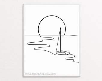 Sailing boat and sun minimalist print Simplistic seascape with yacht continuous line drawing Sea Sunset Coastal interior wall art printable