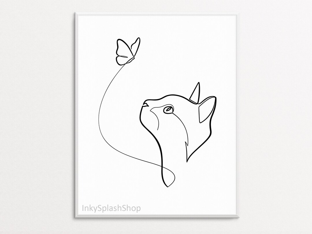 Cat and Butterfly Wall Art Printable Cute Kitten Line Drawing Etsy