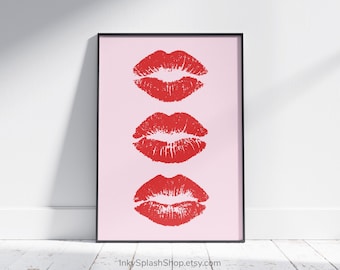 Red & pink lipstick kisses wall art printable. Preppy lips poster. Girly aesthetic apartment print